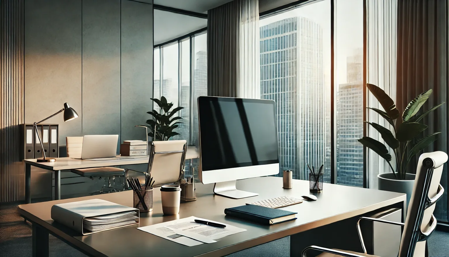 Aufgeräumter Büroarbeitsplatz mit Monitor und Blick aus dem Fenster