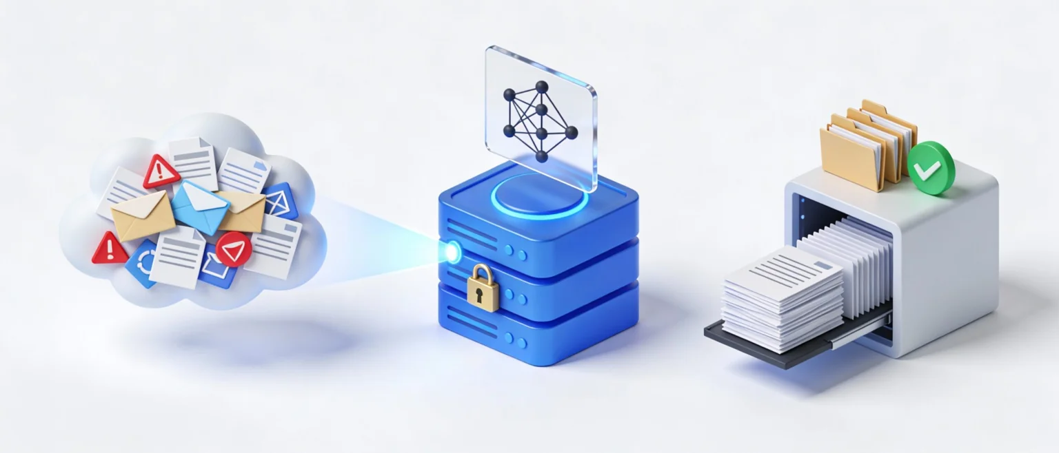 Illustration zur Automatisierung: Wolke mit E-Mails, eine Datenbank mit Schloss und ein Ablagekasten mit grünem Haken