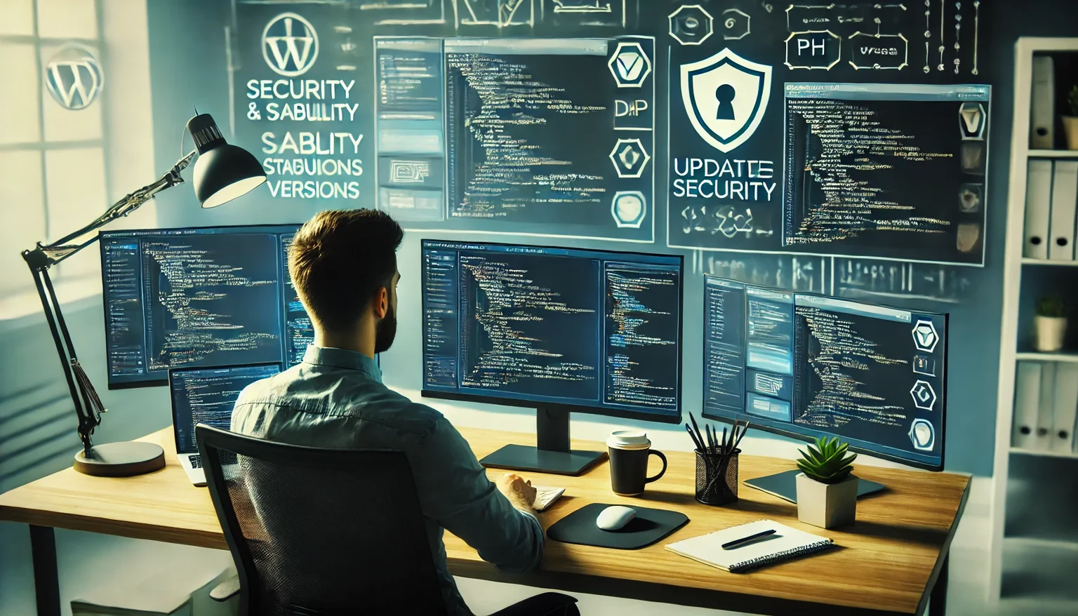 Entwickler vor mehreren Monitoren mit Code und eingeblendeten Symbolen für Sicherheit und Updates