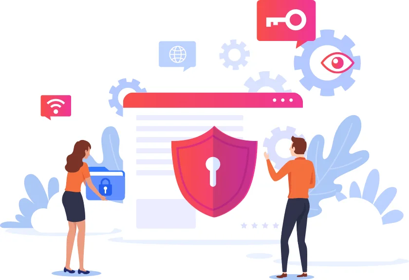 Illustration: zwei Personen arbeiten an einem Browserfenster mit Schutzschild und Zahnrädern