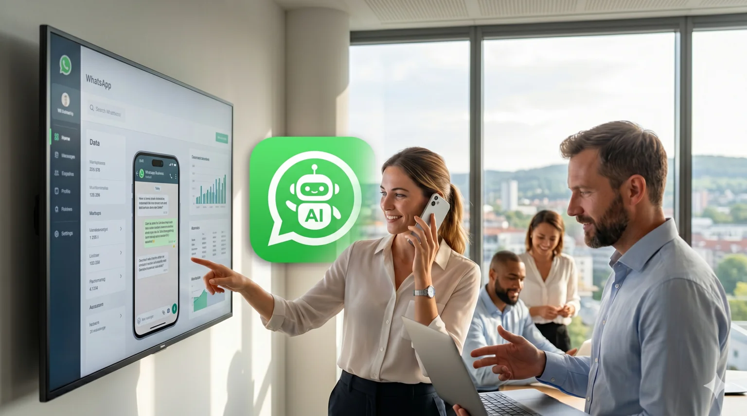 Besprechungssituation vor einem Wandbildschirm mit WhatsApp-Oberfläche und KI-Symbol
