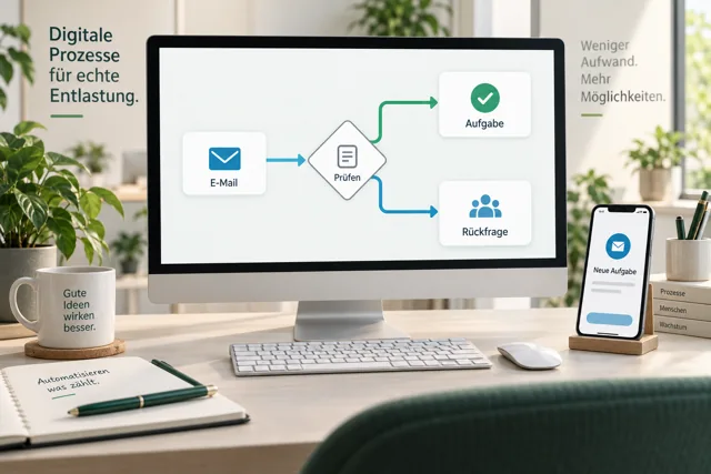 Ein E-Mail-Workflow verzweigt nach einer Prüfung zu Aufgabe oder Rückfrage.