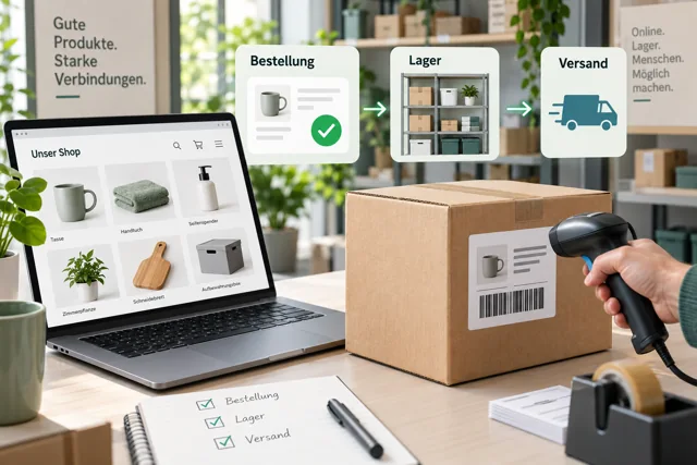 Shopbestellung, Lagerabgleich und Versand werden miteinander verbunden.