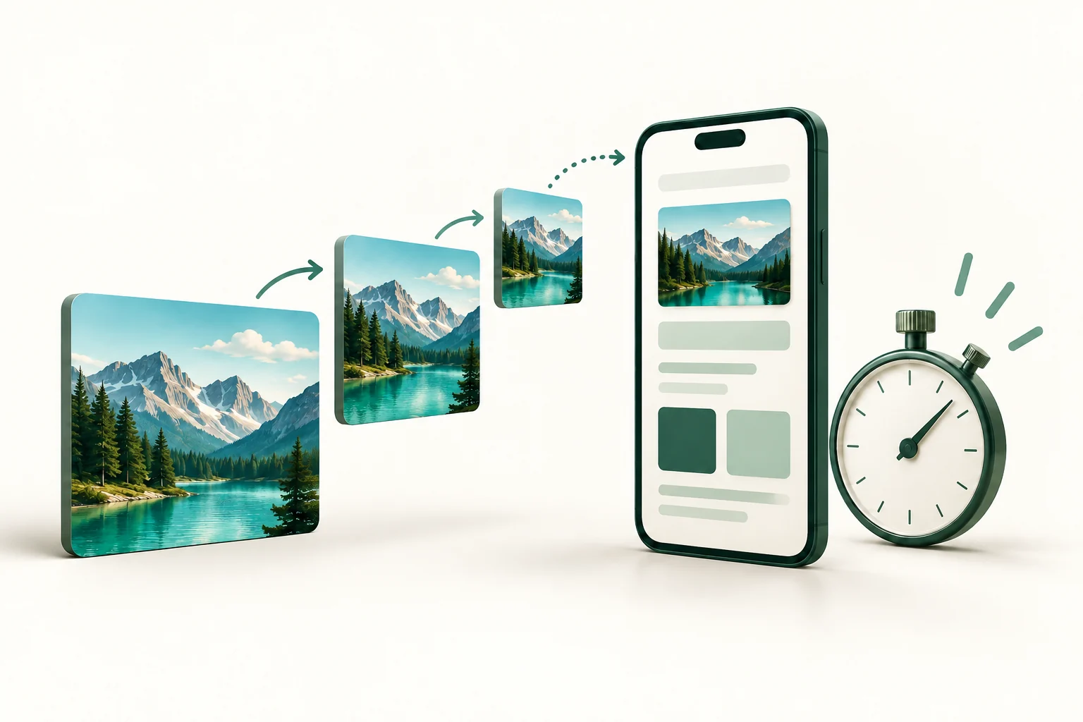 Passende Bildgrößen für eine mobile Website, dargestellt mit Smartphone und Stoppuhr